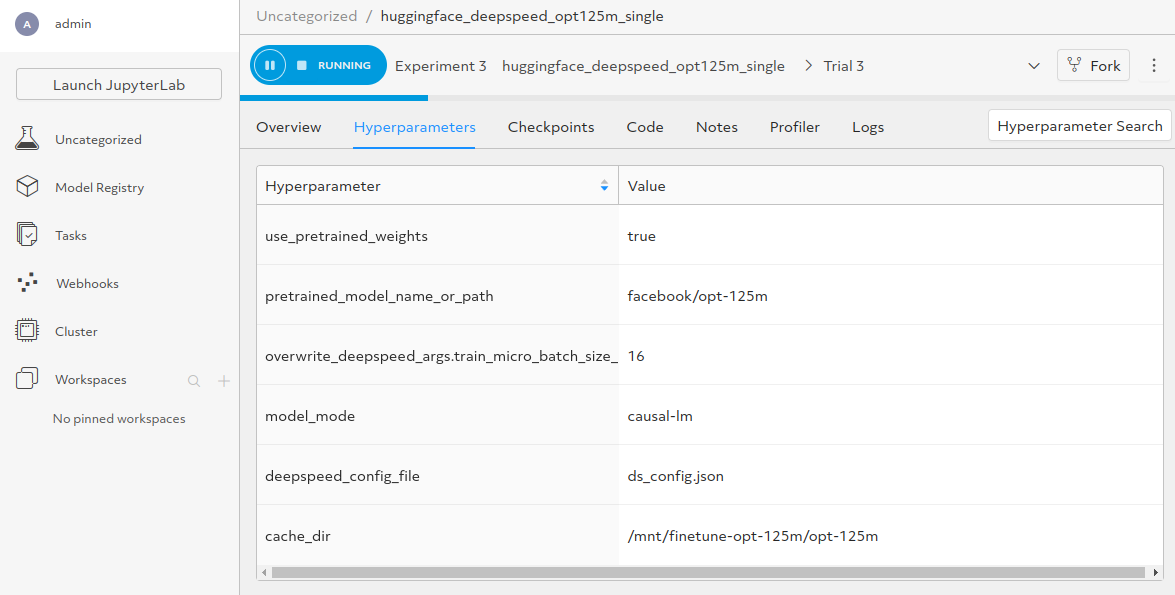 Hyperparameter Tab for a Trial in Determined's Web UI